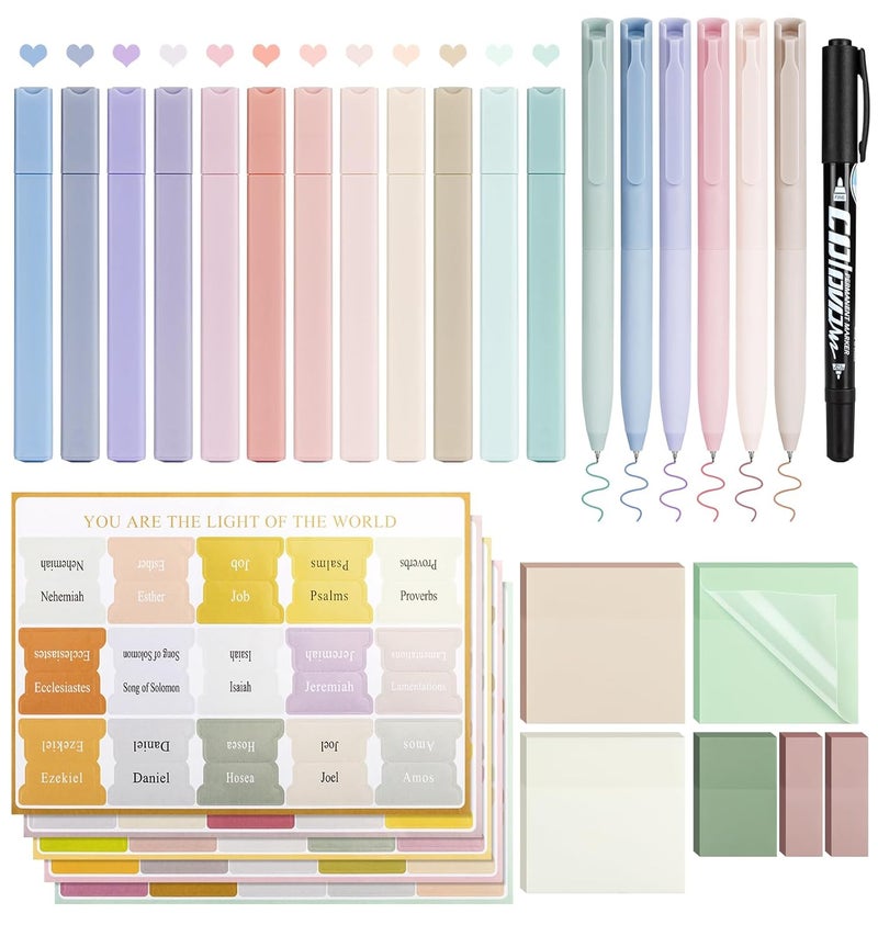 Pidada 30 Pcs Bible Journaling Kit, Colored Bible Study Supplies, 12 Pastel No Bleed Highlighters and 6 Colored Pens, Transparent Sticky Notes and Bible Tabs Set and More, Book Annotation Kit for Women & Men - Image 1